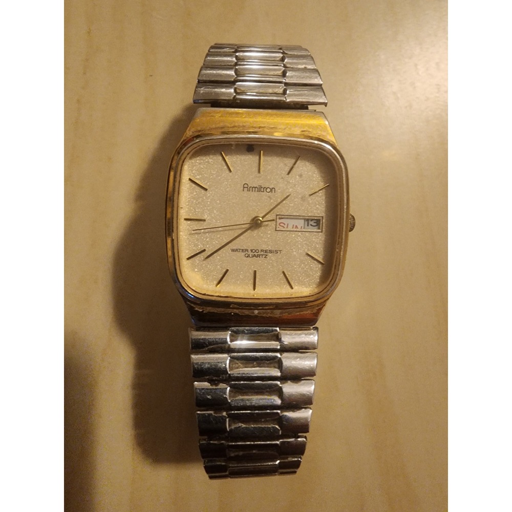 Armitron Vintage Men Quartz Watch Gold Tone Square Day Date 20/2122-3 PC33